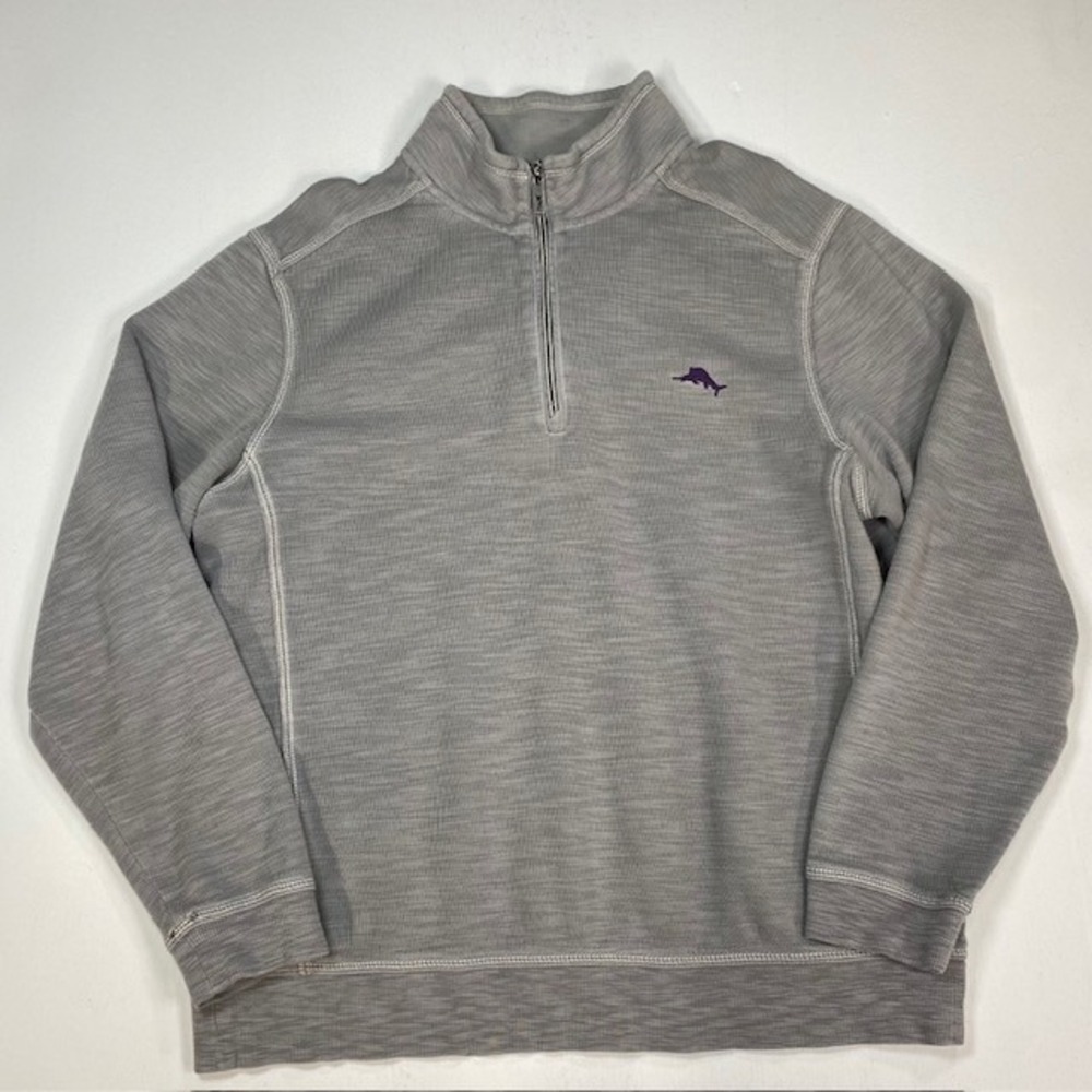 Tommy Bahama Mens Quarter Zip Pullover Sweater Gray Slub Knit Marlin Logo‎ L